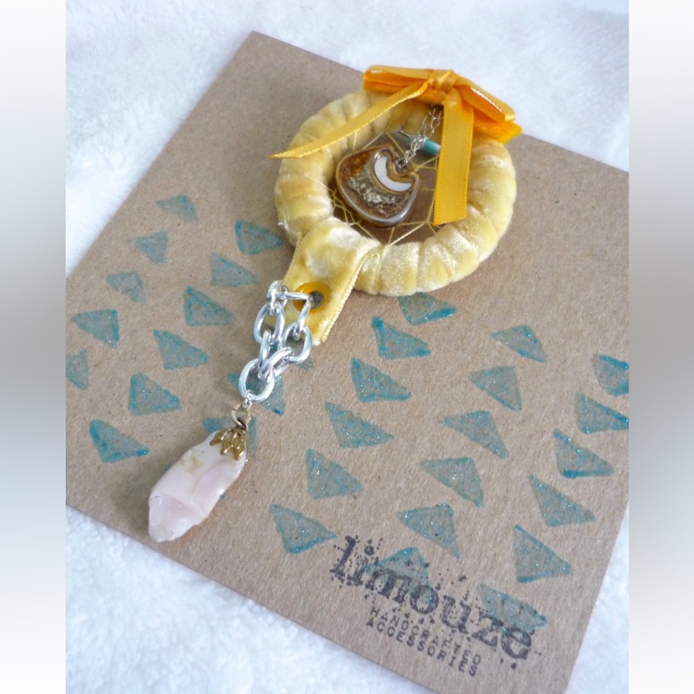 Yellow Velvet Dreamcatcher Brooch - Vintage Stone Charms - OOAK - Handmade